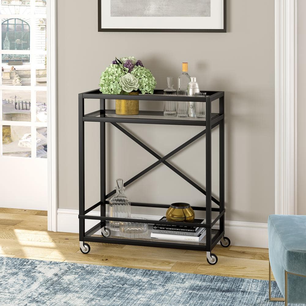 Modern Blackened Bronze Metal Bar Cart with Glass Shelves