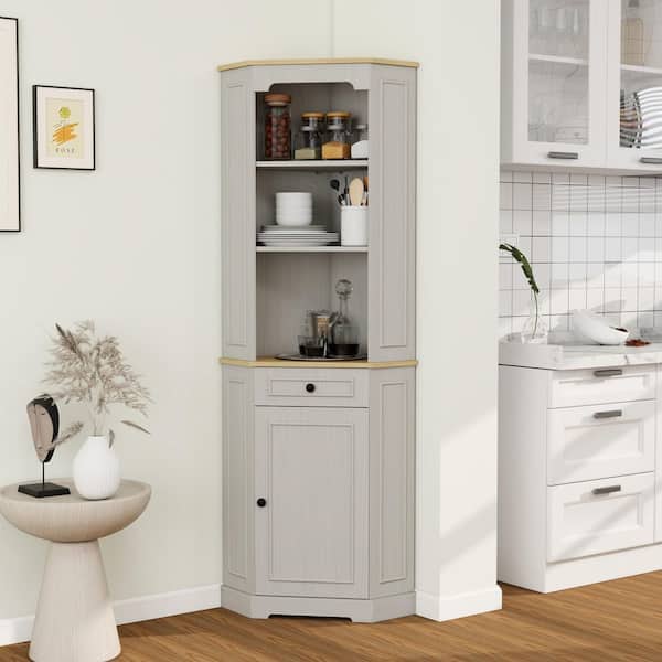 Tall Corner Cabinet with 1-Door, 1-Drawer and Adjustable Shelf for Living Room, Kitchen, Bathroom in Antique White