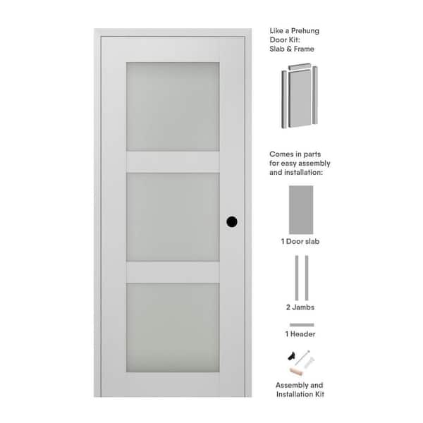 18 in. x 96 in. Smart Pro 3-Lite Left-Hand Frosted Glass Polar White Composite Wood Single Prehung Interior Door