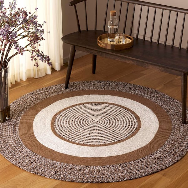 Braided 6 ft. x 6 ft. Round Brown/Beige Farmhouse Braided Rings Area Rug
