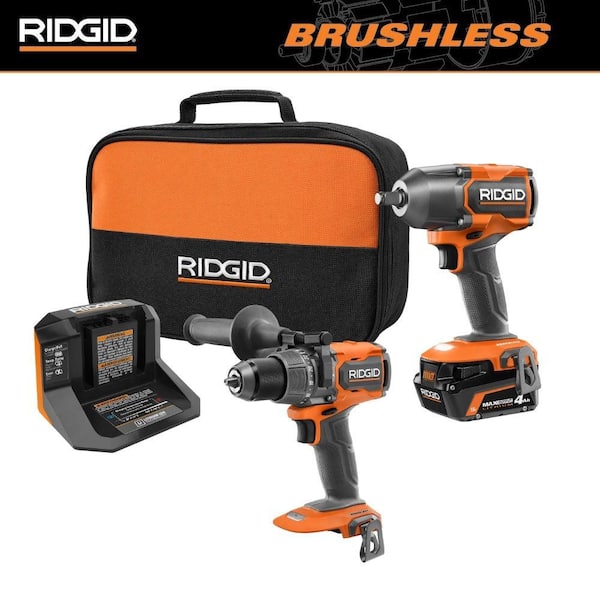 RIDGID 18V Brushless Cordless 2-Tool Combo Kit w/ 1/2 in. Impact Wrench, Hammer Drill, 4.0 Ah MAX Output Battery, and Charger