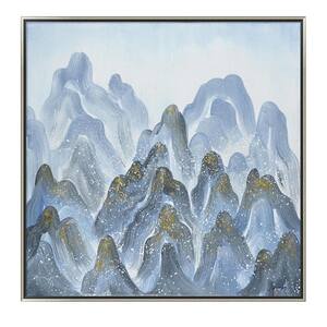 Blue Mountains in. Silver Wooden Floating Frame Hand Painted Acrylic Wall Art 39 in. x 39 in.