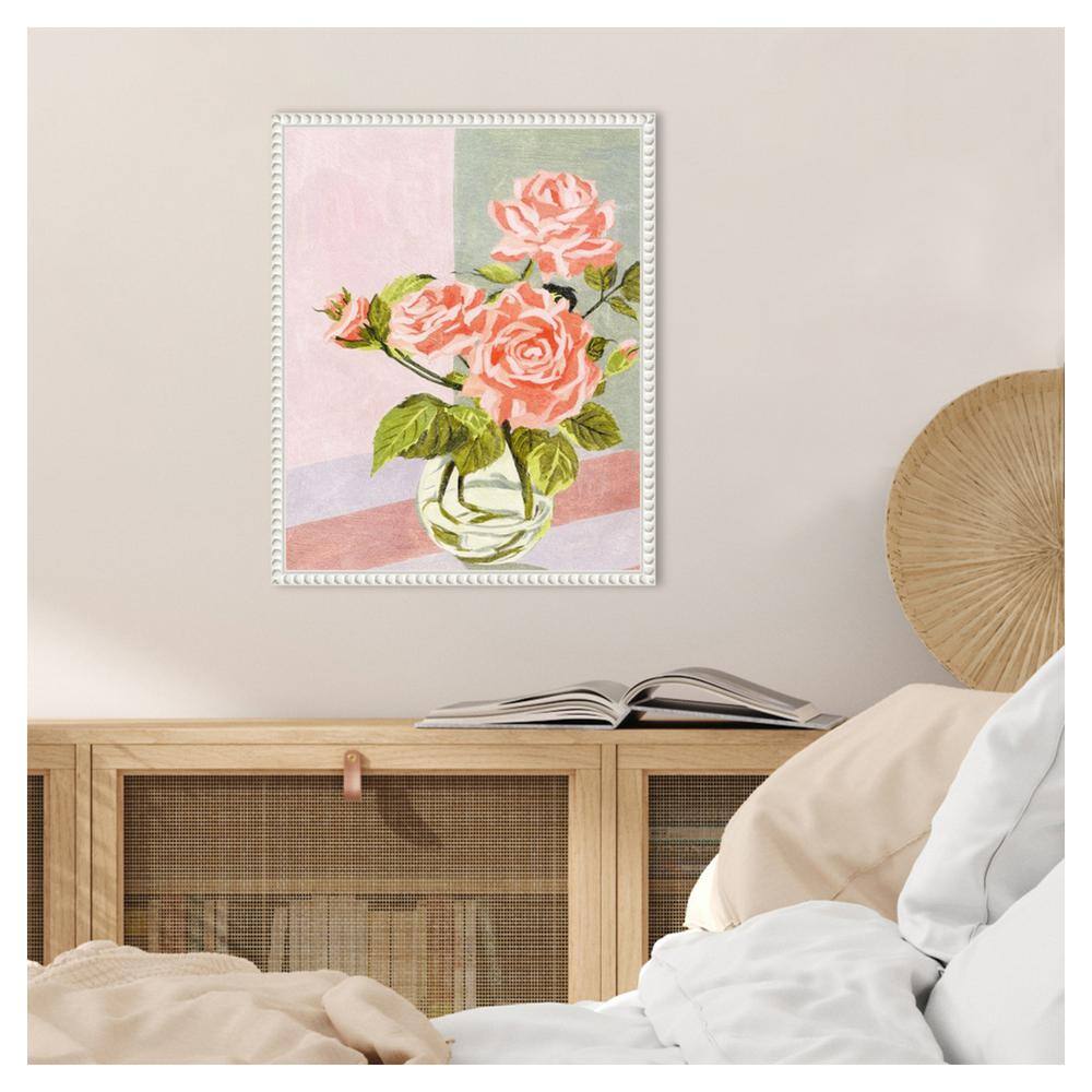 Douces Roses I Pink and Green Floral Canvas Print with White Frame