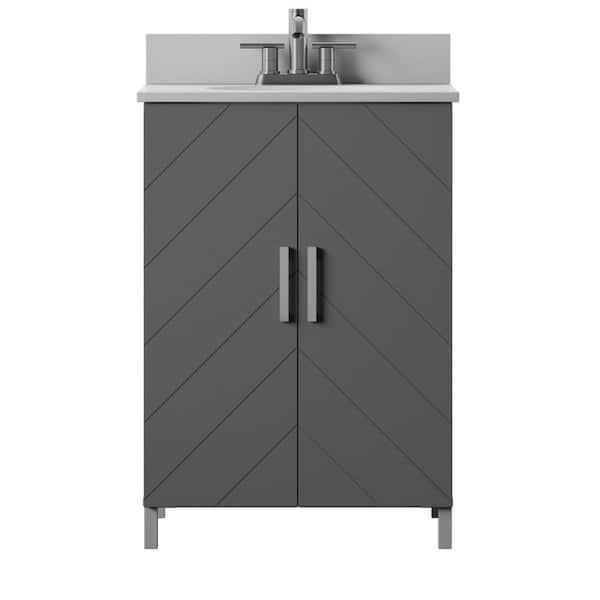 Twin Star Home 24 In Bath Vanity In Antique Gray Contemporary Chevron Doors With Vanity Top In White Stone With Basin And Metal Legs 24bv536 Pg22 The Home Depot