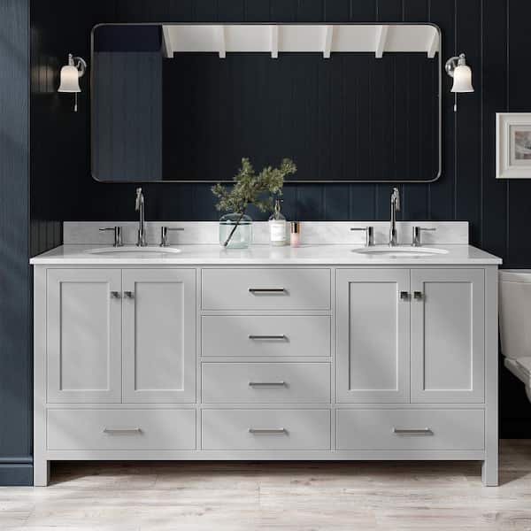 ARIEL Cambridge 73 in. W x 22 in. D x 35.25 in. H Bath Vanity in Grey with White Marble Vanity Top with Basin