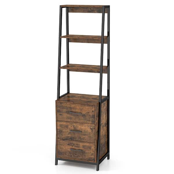 Gymax 69 in. Tall Brown Wood 3-Shelf Ladder Bookshelf with 3 Open Shelves Printer Stand 3 Storage Drawers