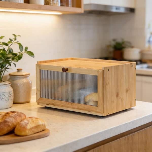 1-Piece Modern Natural Wood Bamboo Kitchen Bread Box with Window Set for Kitchen Countertop Farmhouse Vintage Decor