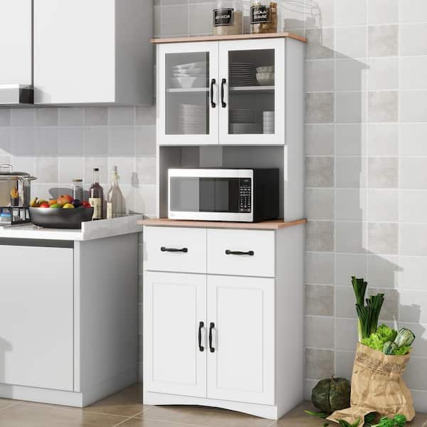 White Wood 23.62 in. Kitchen Island with Drawer and Glass Doors, Modern Kitchen Cabinet Pantry Cabinet