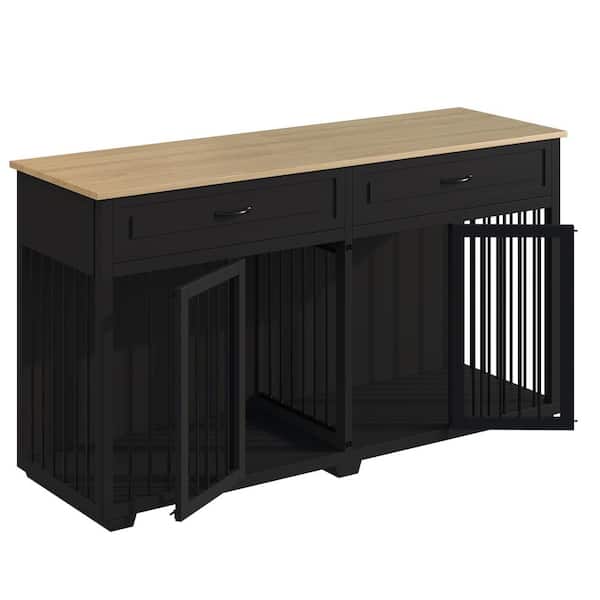 WIAWG Black Large Dog Crate Furniture, Wood Dog Crate Kennel with 2