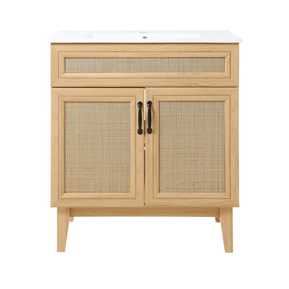 Javer 30" Oak Rattan Modern Farmhouse Bath Vanity Cabinet