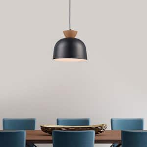 1-Light Matte Black and Brown Pendant Light Fixture with Metal Shade