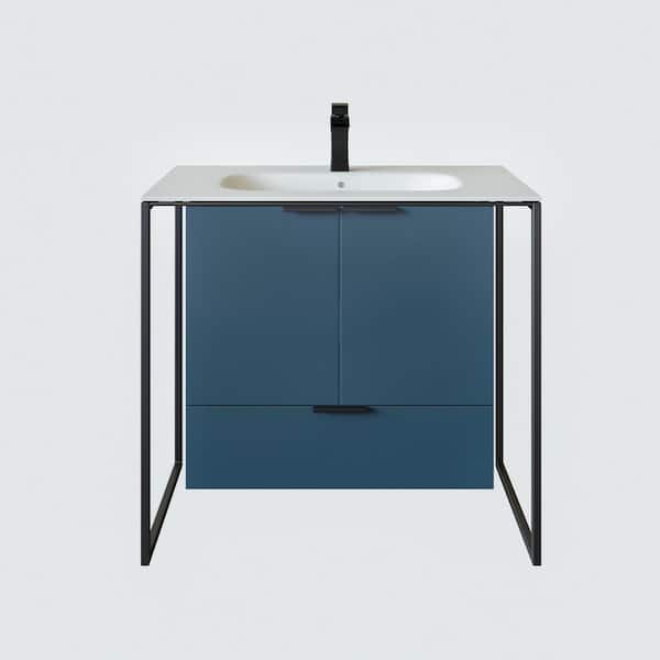 Onyx 34 in. Single Sink Floating Blue Bath Vanity with White Solid Surface Top (Assembled)
