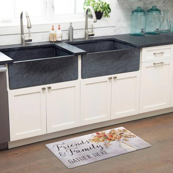 Cozy Living Friends and Family Gather Eucalyptus Floral Grey 17.5 in. x 55 in. Anti Fatigue Kitchen Mat