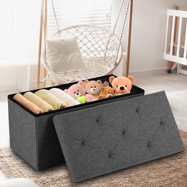30 in. Grey Linen Fabric Rectangular Folding Storage Ottoman Bench for Living Room, Entryway
