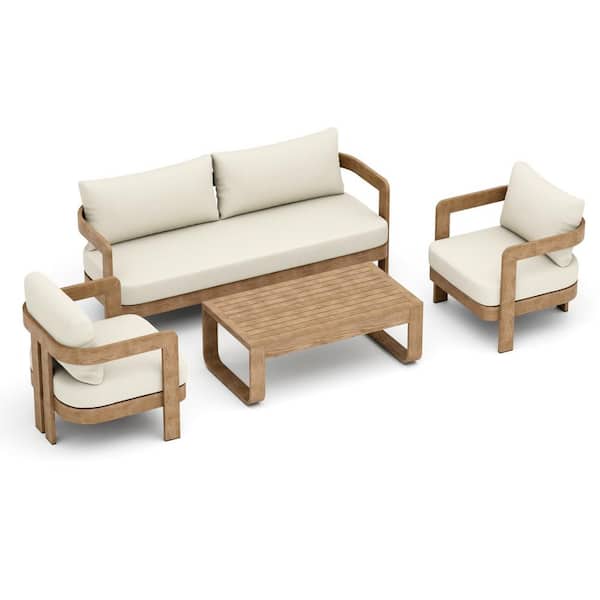Outdoor Aluminum Sofa Set, Wood Grain Veneer Sofa 4-piece Set for Patio, 5 Person Outdoor Seating Sofa, Beige Cushion