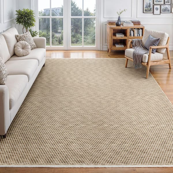 Eclipse Beige/Blue 8 ft. x 11 ft. Geometric Solid Stripe Polyester Fringe-Edge Indoor Area Rug