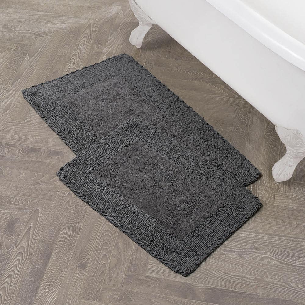 Dark Gray Cotton Ruffle Border Machine Washable Bath Mat Set