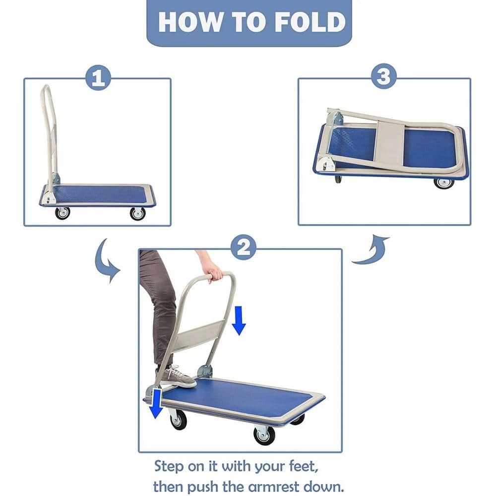 Heavy-Duty Blue Steel Folding Platform Hand Truck with 4 Wheels
