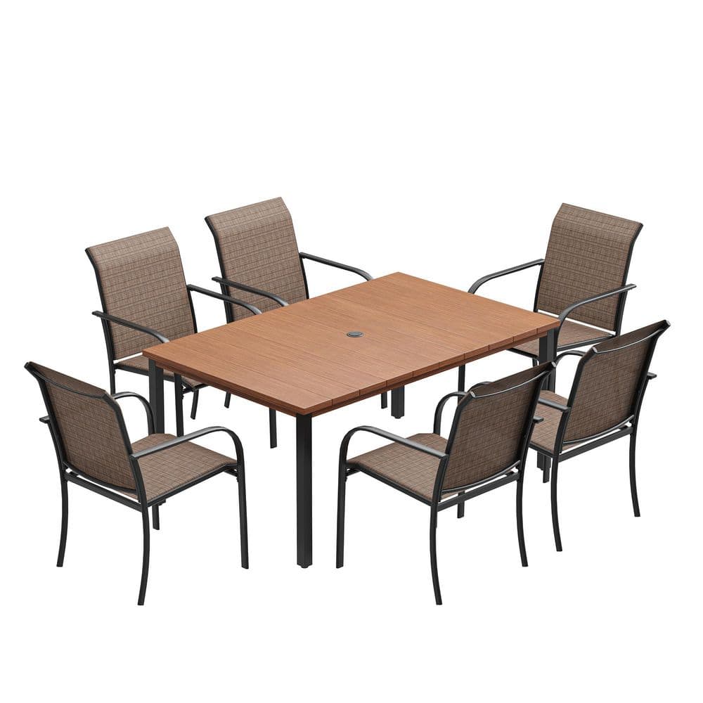 7-Piece Patio Dining Set with 63 in. Walnut Metal Rectangular Table and 6-Brown Stackable Dining Chairs for Outdoor price history on PriceWatchPro
