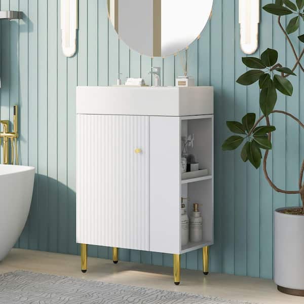 21.6 in. Single Sink Freestanding White Bath Vanity with White Ceramic Top Right Side Bathroom Storage Cabinet