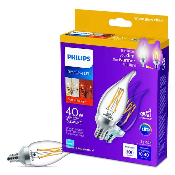 Philips 40-Watt Equivalent Soft White B11 Dimmable Warm Glow Dimming Effect Bent Tip E12 Candle LED Light Bulb (2700K) (3-Pack)
