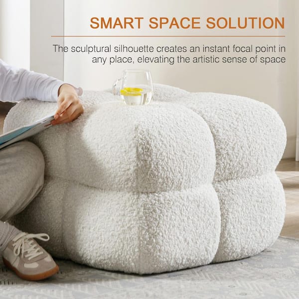 Oversized White Sherpa Upholstered Square Tufted Ottoman Modern