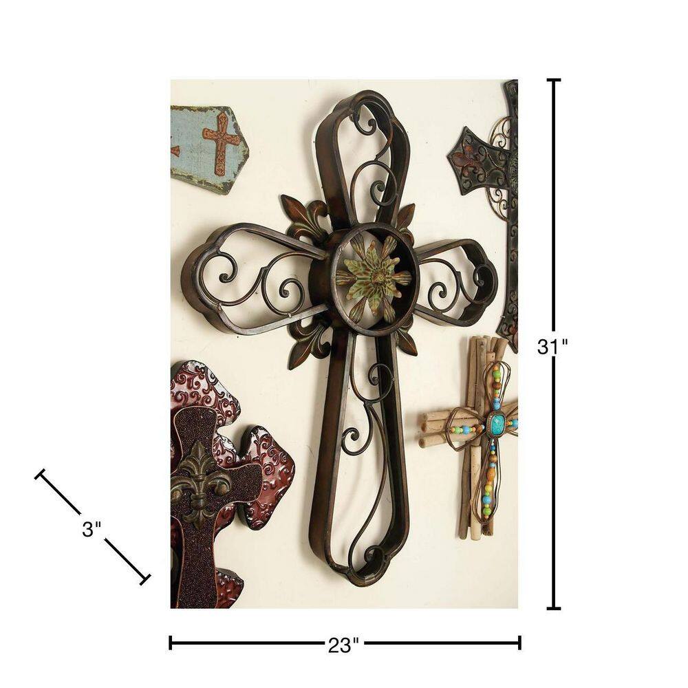 Brown Metal Scroll Cross Wall Sculpture with Floral Center