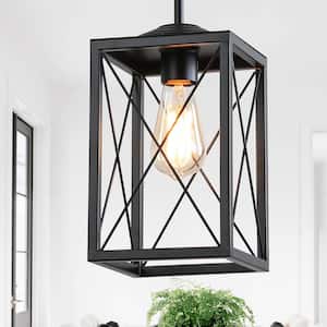 1-Light Modern Black Kitchen Island Pendant Light with Rectangle Cage,Industrial Pendant for Cafe Bar Dining Table