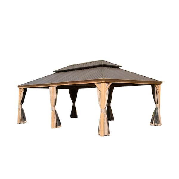 14 ft. x 22 ft. Outdoor Gazebo with Galvanized Steel Double Roof, Aluminum, Gutter System, Curtain&Netting, Wood Looking