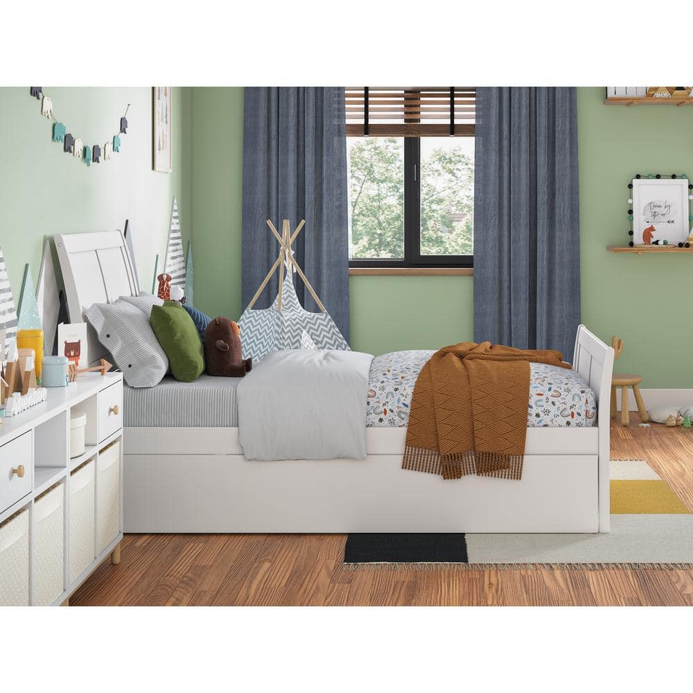 White Twin Solid Wood Platform Bed with Trundle and Headboard