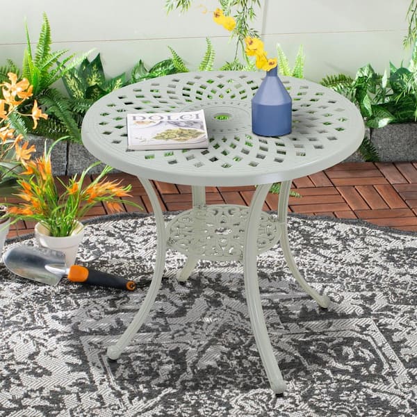 31 in. White Frame Round Cast Aluminum Outdoor Bistro Table with Umbrella Hole