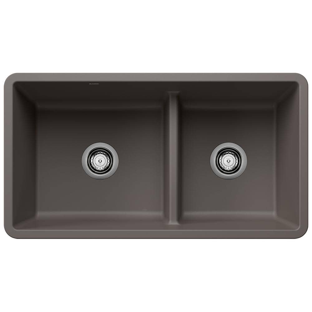 PRECIS Silgranit 33 in. Undermount 60/40 Double Bowl Volcano Gray Granite C