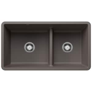 PRECIS Silgranit 33 in. Undermount 60/40 Double Bowl Volcano Gray Granite Composite Kitchen Sink with Low Divide