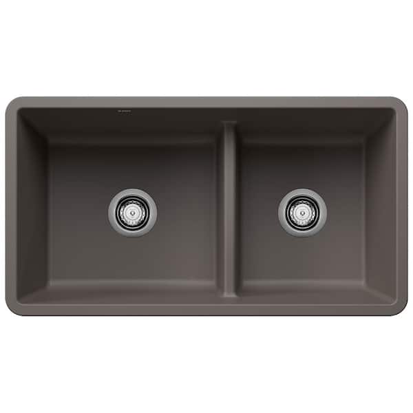 Blanco PRECIS Silgranit 33 in. Undermount 60/40 Double Bowl Volcano Gray Granite Composite Kitchen Sink with Low Divide