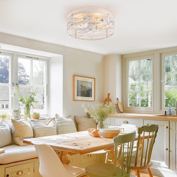 20 in. Indoor White/Gold Caged Flush Mount Industrial Ceiling Fan with Metal Light Kit and Remote Control Included