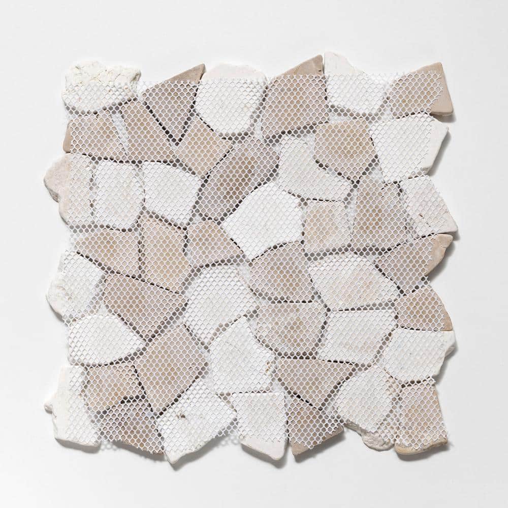 11" x 11" Tan and White Tumbled Marble Mosaic Tile