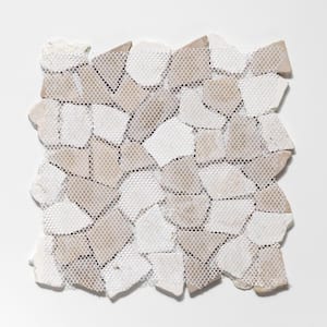 Fit Tile White/Tan 11 in. x 11 in. x 9.5 mm Indonesian Marble Mesh-Mounted Mosaic Tile (9.28 sq. ft. / case)