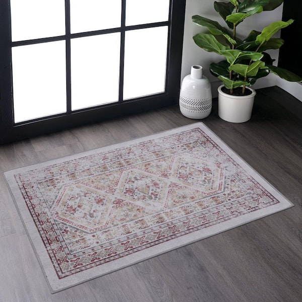 2 ft. x 3 ft. Beige Abstract Washable Area Rug for Bedroom, Hallway, Kitchen, Playroom
