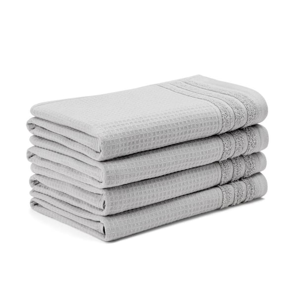 Small Waffle Woven Terry Stripe 20 in. x 30 in. Light Gray Cotton Hand Towel Set 4-Pack