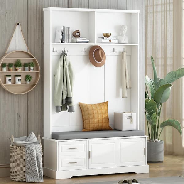 Nestfair White Freestanding Hall Tree with Mudroom Bench, Sliding Doors, 6 Hooks and Cabinet