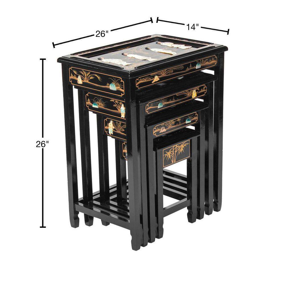 Elegant Elmwood Black Lacquer Nesting Tables with Mother of Pearl Inlay