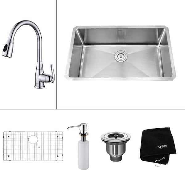 KRAUS All-in-One Undermount Stainless Steel 30 in. Single Bowl Kitchen Sink with Faucet and Accessories in Chrome