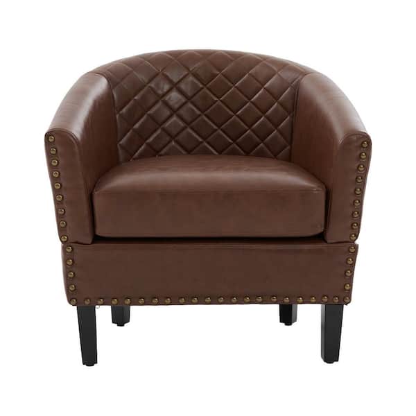 Modern Brown PU Leather Wood Frame Accent Arm Chair with Nailhead Trims