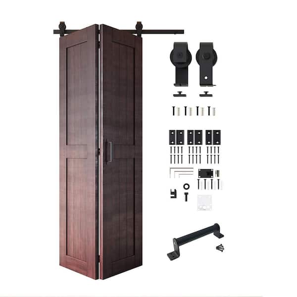 22 in. x 84 in. 5-in-1 Design Red Mahogany Solid Core Pine Wood Sliding Bi-fold Door with T-Shape Roller Hardware Kit