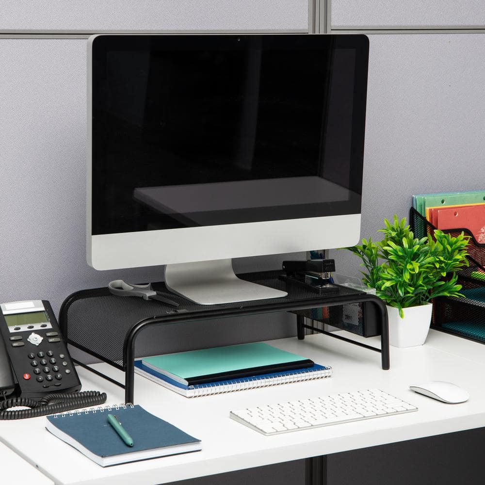 Black Metal Mesh Monitor Stand with Side Storage