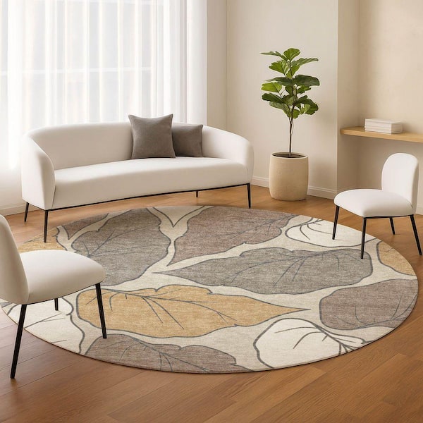 Chantille Machine Washable Indoor/Outdoor Abstract ACN2348 Linen 8 ft. x 8 ft. Round Rug