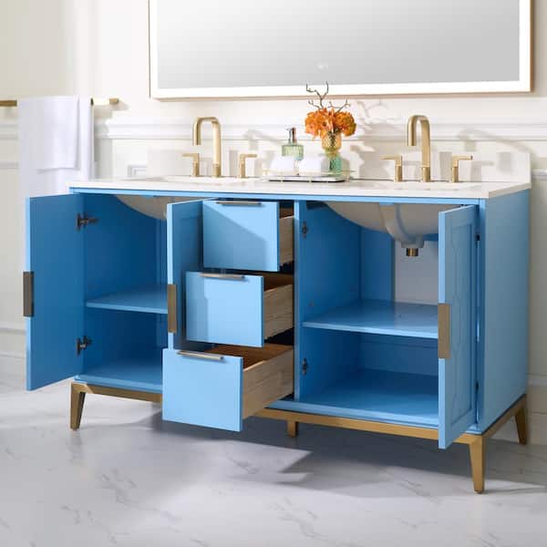 ALISON 60 in. W x 22 in. D x 35 in. H Double Sinks Freestanding Bath Vanity in Light Blue with Carrera White Quartz Top