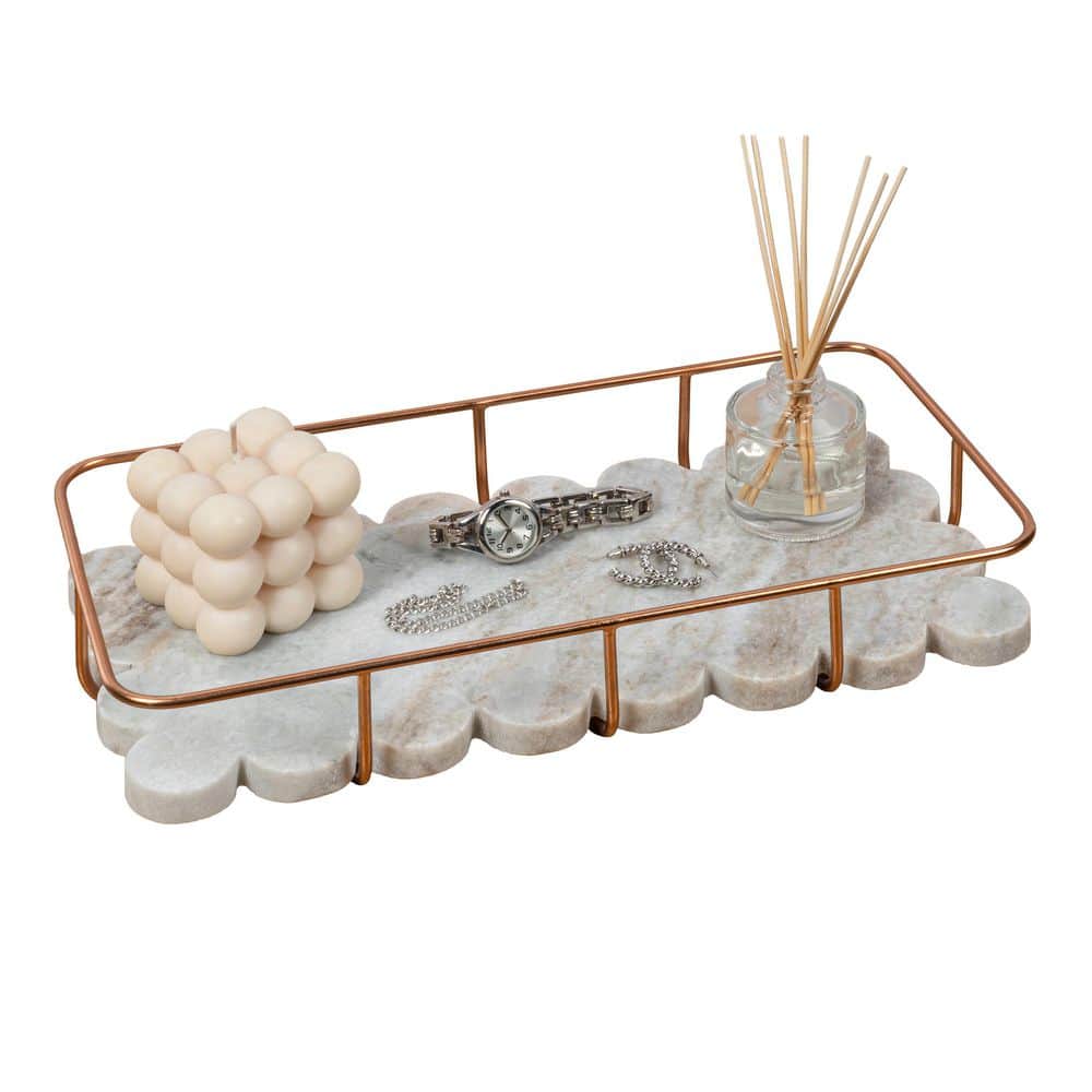 Monarch 12 in. x 6 in. Modern Industrial Metal/Marble Scalloped Base Vanity Tray, Beige/Rose Gold