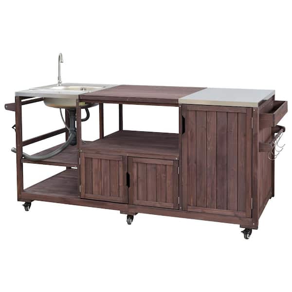 Runesay Farmhouse Brown Steel 75.4 in. Rolling Outdoor Kitchen Island Grill Bar Cart with Sink for Big Green Egg Grills