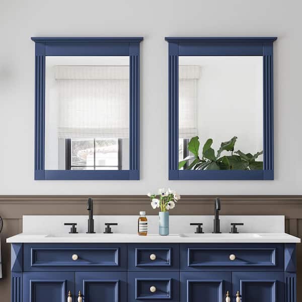 26 in. W x 33 in. H Rectangular Wood Framed Wall Bathroom Vanity Mirror in Navy Blue (Set of 2)